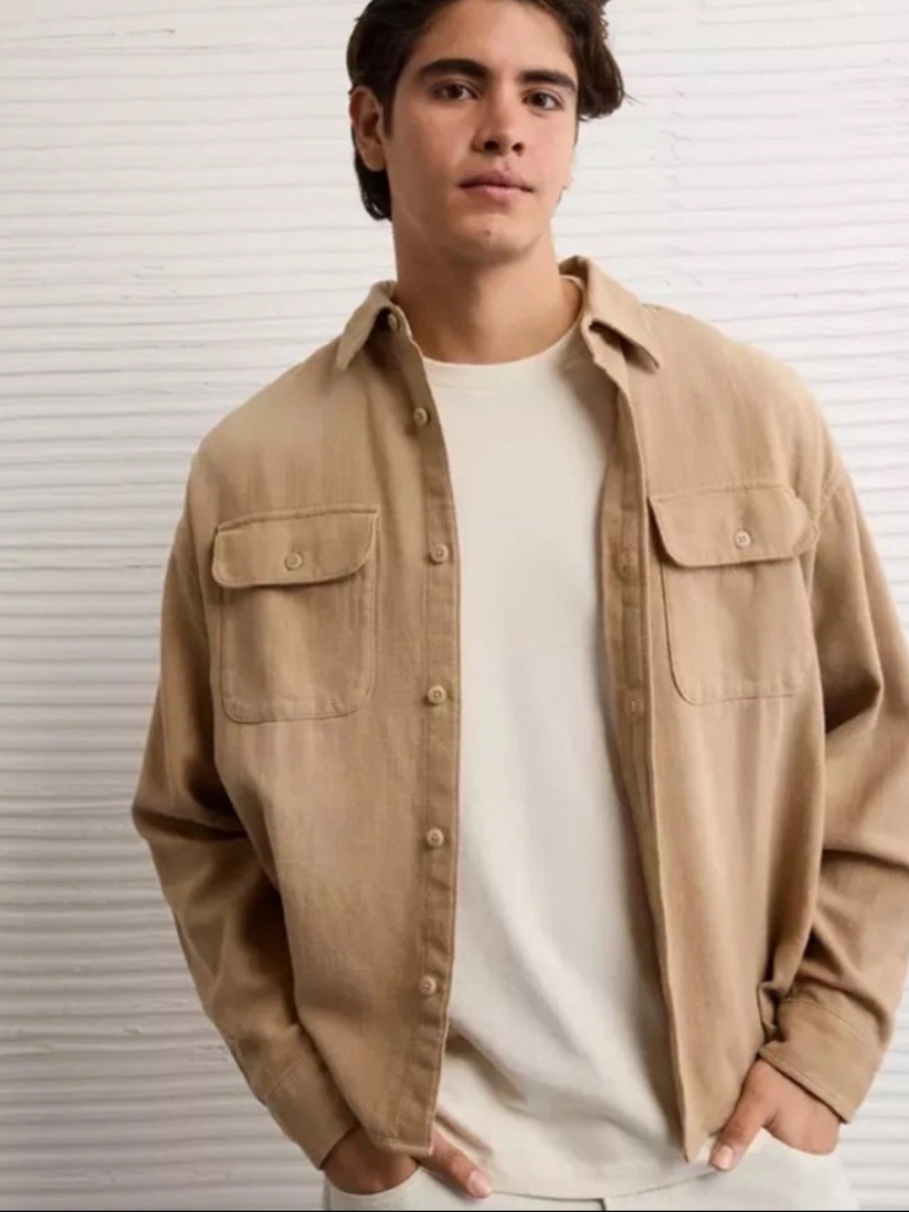 American Eagle Men Size XL Tan AE Boxy Lightweight Flannel Shirt $60 MSRP New